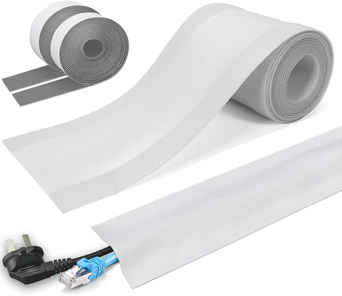 Floor Cable Covers - Oxford Fabric Cord Protector with Adhesive Hook & Loop,Waterproof Wire Storage Sleeve for Any Floor Surface,Durable Cable Management to Prevent Tripping Hazards (White, 20ft)