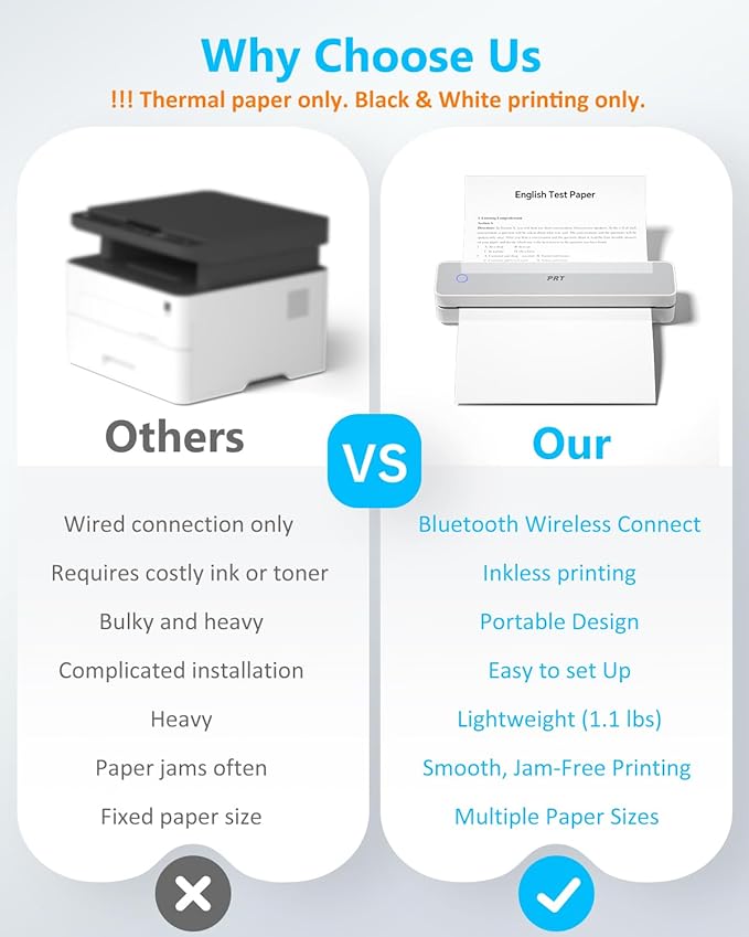 PRT Inkless Portable Printer for Travel, Wireless Thermal Printer Support 8.5 x 11 US Letter A4 B5, Bluetooth Mobile Printers for Laptop, iPhone, Android for Home, Car, Office, School, MT610 Grey