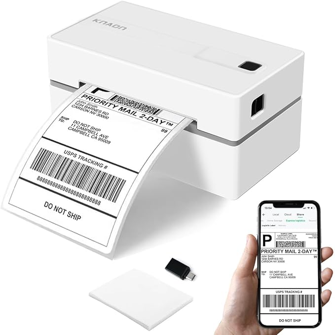 KNAON Bluetooth Thermal Shipping Label Printer, 4x6 Portable Thermal Address Label Printer for Small Business, Compatible with iPhone,Android,Windows,Mac–Works with Etsy Shopify USPS&More, White