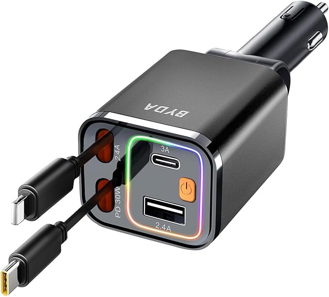 4 in 1 Retractable Car Charger,69W USB-C Fast Car Charger, for iPhone 17/16/15/14/13/12/11, Android,Pixel,Cigarette Lighter Charger (for Type C+Apple &RGB)