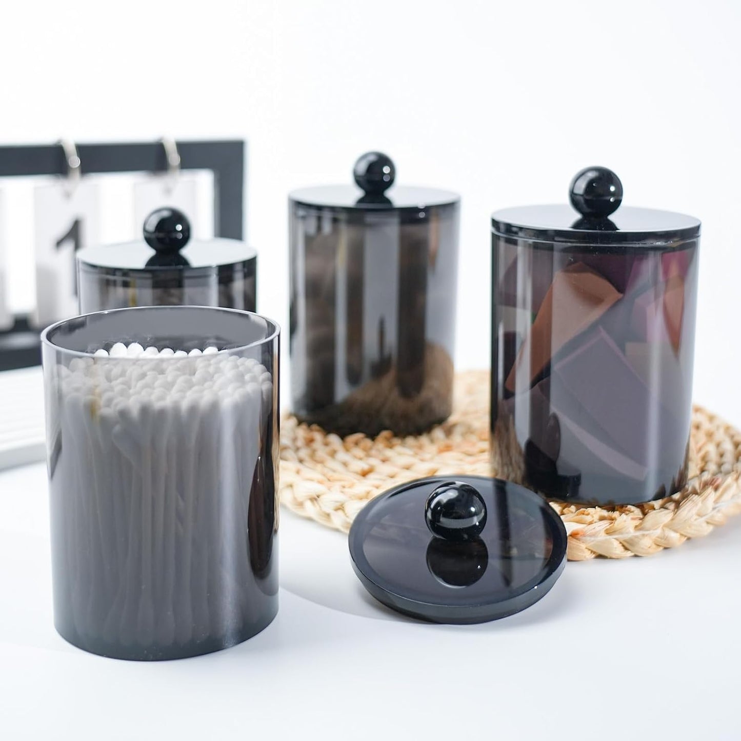 XIPENGKEJI Qtip Holder Set - Stylish Canister Jars for Cotton Swabs & Pads | 10oz-12oz Black Bathroom Organizers