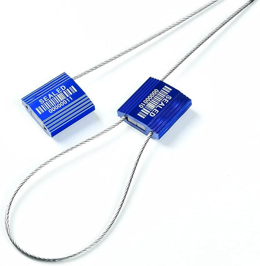 LeadSeals 100 Blue Steel Cable Seals with Barcode - High Security Numbered Truck Seals - Anti-Tamper Pull Tite Self-Locking Safety Ties - ISO 17712