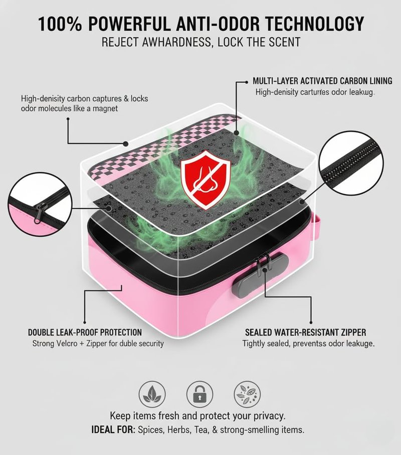 ANZOME Large Smell Proof Bag with Lock, Pink Lockable Storage Case, Activated Charcoal Odor Control, Waterproof Zipper Travel Organizer Pouch, Stash Box Alternative with 7 Accessories for Home & Trips