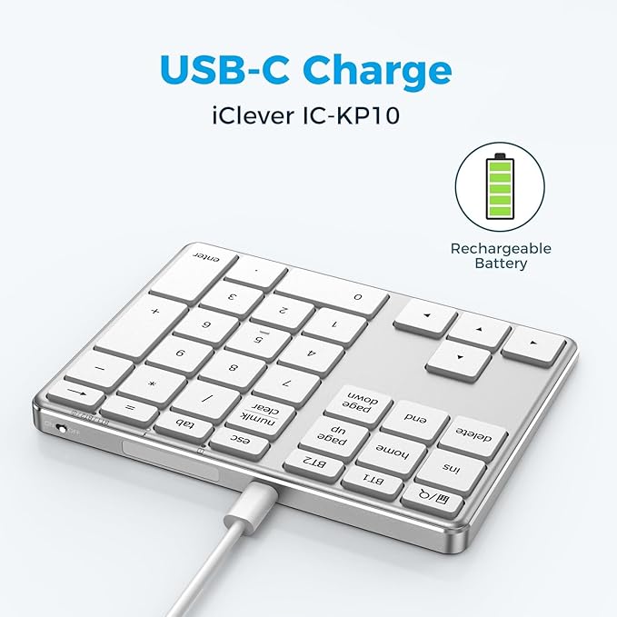 iClever Bluetooth Number Pad, Aluminum 34-Key Wireless Numeric Keypad, USB-C Rechargeable Numpad Keyboard for Data Entry and Accounting, Compatible with Laptop, Mac, Surface Pro, PC Desktop