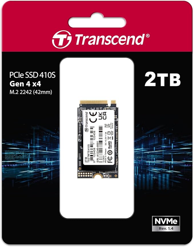Transcend MTE410 2TB M.2 2242 SSD, Up to 5000MB/s, PCIe Gen4x4 NVMe 3D TLC for Ultra-Thin Laptops/Lenovo Legion Go/Yoga Gen 6/ASUS ExpertBook/ZenBook/Mini PC/DRAM-Less Design for Low Power Consumption