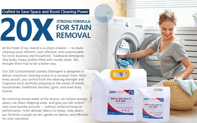 Liquid Laundry Detergent Refill, 20X Concentrated Bulk (Makes 2.6 Gal / 300 Loads) Stain & Odor Fighter, HE Compatible, Great Value for Large Families