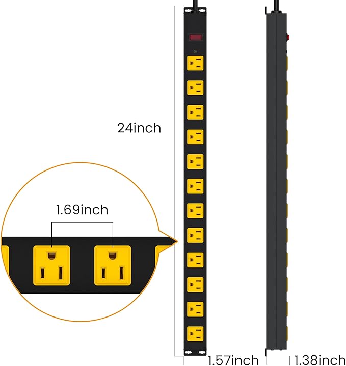 Metal 12 Outlet Mountable Power Strip, 2100J Surge Protector with Heavy Duty 10ft Extension Cord, Wide Spaced and Wall Mount Metal Powerstrip for Garage, Desk, Industrial, Shop and Indoor (10ft)