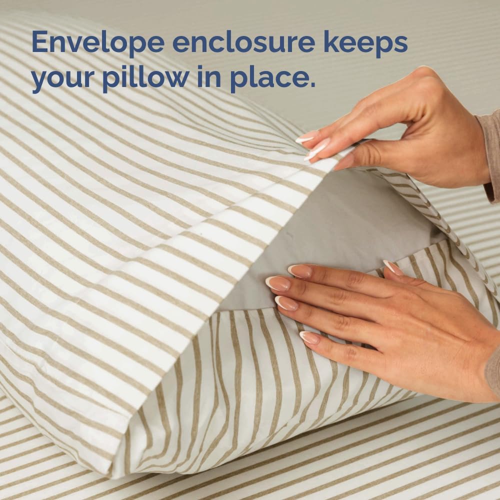 Skiennix Queen Pillow Cases Set of 2 - Ultra Soft Hotel Quality - Wrinkle Free & Fade Resistant - Beige Stripes