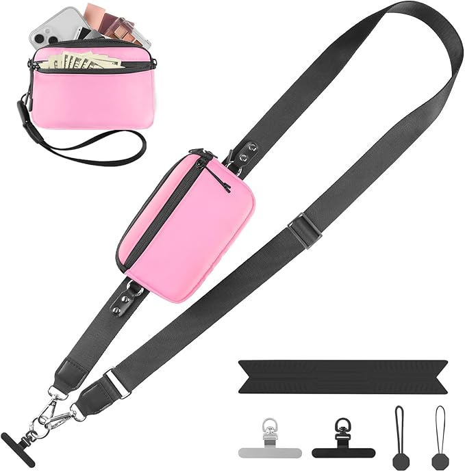 YFWE Clip and Go Strap for Phone with Wallet Crossbody, Adjustable Phone Lanyard with Detachable RFID Wristlet Wallet & Ultra-Thin 360° Rotatable Metal Tabs for All Smartphones (Pink)
