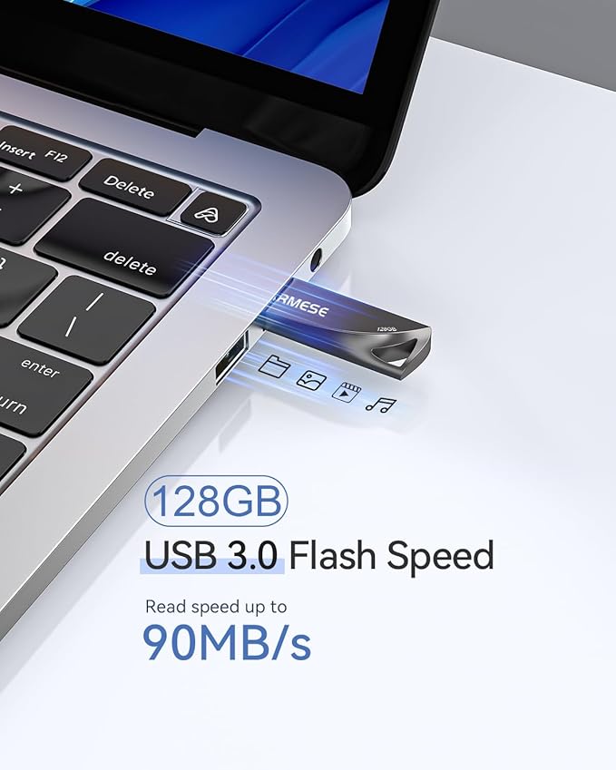 GARMESE 128GB USB 3.0 Flash Drive, Metal Waterproof & Slim Portable Memory Stick with Keychain Hole, Thumb Drive for PC/Laptop/Car/Travel Data Storage - Gray