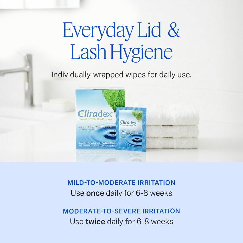 Cliradex Towelettes - Natural Face, Eyelash & Eyelid Cleanser - Wipes for Demodex, Blepharitis, Mgd and Red Irritated Eye Lid - Tea Tree Oil Extract.