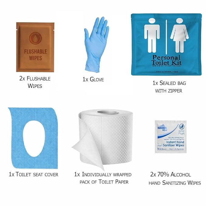 Personal Toilet Kit To Go – 10 Pack | Disposable Public Restroom Kit | Individually Wrapped for Toilet Protection Kit | Toilet Paper, Toilet Seat Cover, Butt Wipes, Cleansing Wipes (Light Blue)