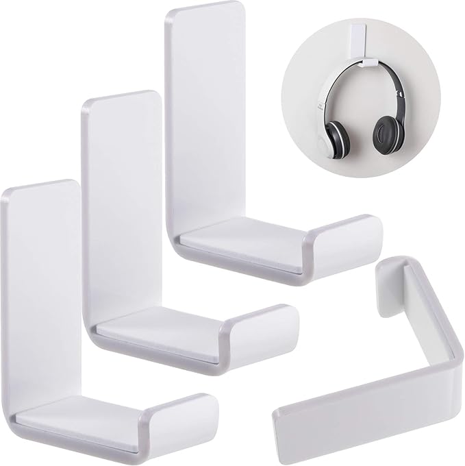Weewooday 4 Pieces Headphone Hanger Headset Stand Holder Adhesive Wall Mount Headphone Hook for Desk Acrylic Gaming Earphones Hanger with Glues for Earphone Controller(White)