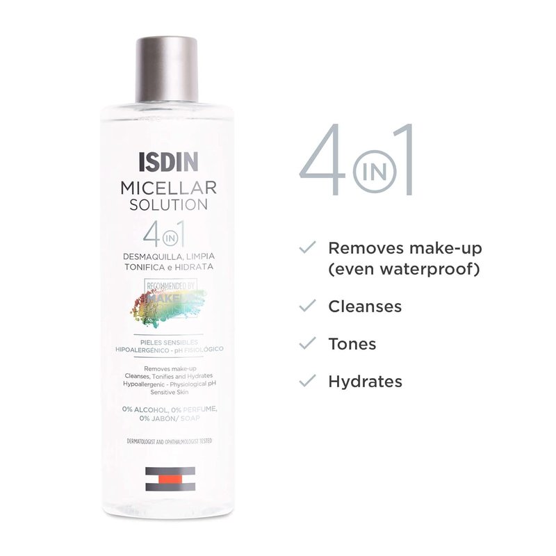 ISDIN Micellar 4-in-1 Facial Cleansing Water - Hydrating Toner & Makeup Remover for Sensitive Skin | 13.5 FL OZ