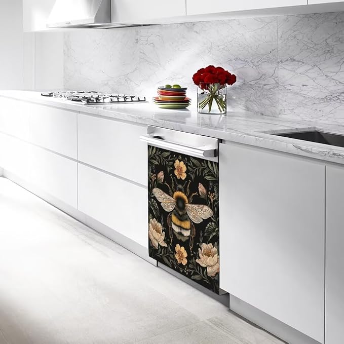 Flower and Bee Wallpaper Dishwasher Magnetic Cover Sticker Magnetic Refrigerator Full Door Cover Sticker Kitchen Decor Panel Decal 23W x 17H inchs