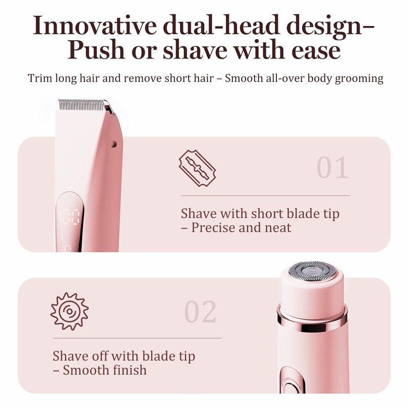 Bikini Trimmer for Women – Dual Head Electric Razor for Bikini, Underarm, Leg & Facial Hair, Painless Ceramic Blade, IPX7 Waterproof, Pink