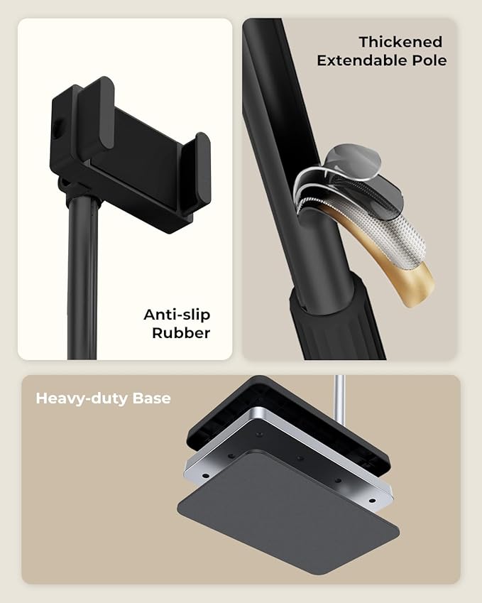 SupeDesk Tablet Floor Stand, Adjustable iPad Holder for Bed & Sofa - 360° Rotating Long Arm, Height Adjustable from 13.5" to 60.3", Sturdy Metal Base for iPad, Tablet, Phone (4-13 Inch), Black
