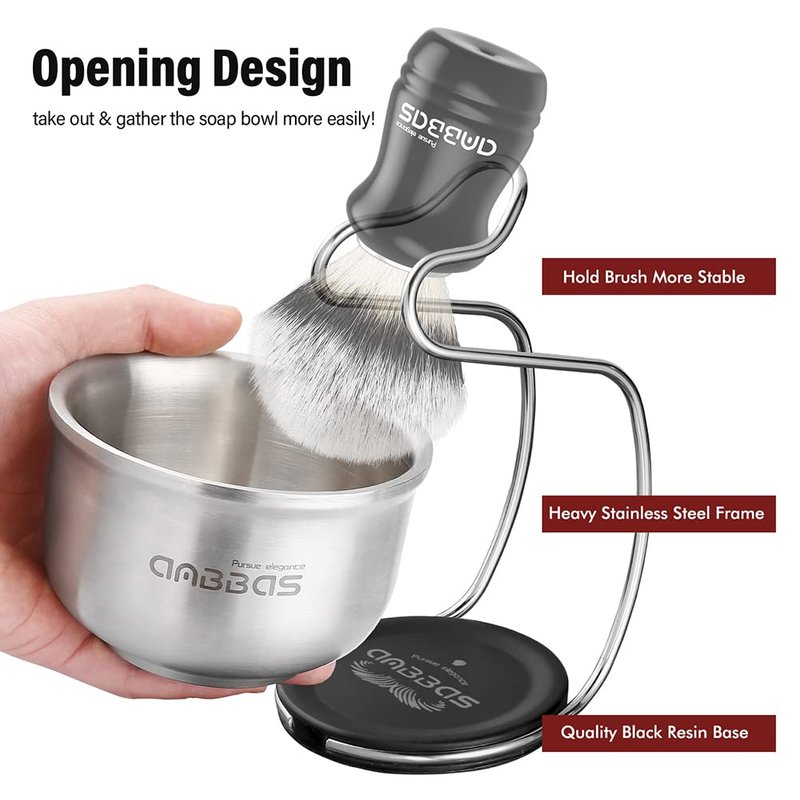 Anbbas Synthetic Badger Shaving Brush Set - 4-in-1 Kit with Stainless Steel Stand & Lathering Foam Bowl | Natural 3.5oz Shaving Soap Puck for Men