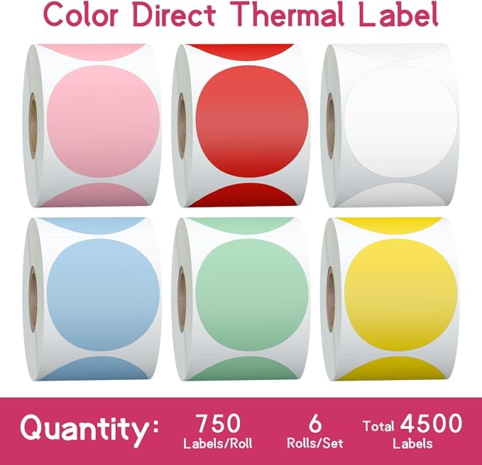 StickerTag 6 Rolls 2 Inch 6-Color Assorted Circle Direct Thermal Stickers Labels, Self-Adhesive Round Direct Thermal Labels for Business, DIY, Code, Name Tag, Envelope Seal - 4500 Labels