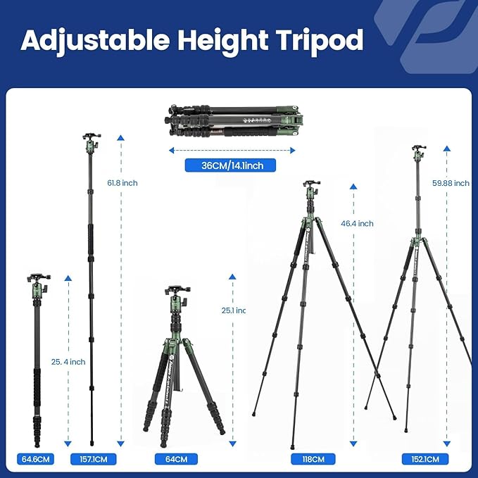 Fotopro 60" Carbon Fiber Camera Travel Tripod, 2lbs Super Lightweight Compact Tripod with 360° Metal Ball Head, Detachable Monopod, with Arca QR Plate & Bag, Load up to 8KG/17.63lbs, for SLR DSLR