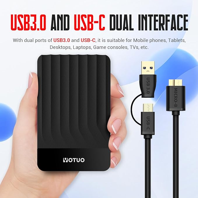 YOTUO 500GB External Hard Drive, Portable Storage Expansion HDD, USB 3.0 & USB-C for PC, Mac, Desktop, Laptop, Smartphone, PS4, Xbox One, Xbox 360, Office & Game, Black