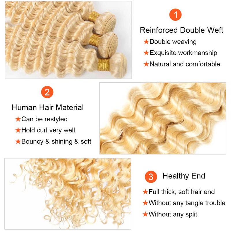 Freiuoke 613 Bundles Human Hair Blonde Deep Wave Bundle 613 Loose Deep Wave Bundle Human Hair Unprocessed Virgin Hair 3 Bundles 14 16 18 Inch