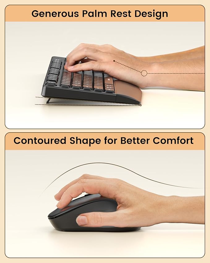 seenda Wireless Bluetooth Keyboard Mouse Combo, COE200 Ergonomic Keyboard with Wrist Rest, Silent Mouse, Multi-Device Connection, Full-Size Compatible for Windows PC Laptop Mac MacBook, Black