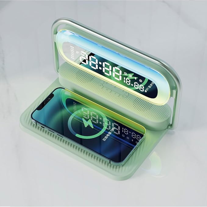 OTXKOO 4-in-1 Multifunction Mobile Wireless Charger with Colorful Night Lights, Bluetooth Speaker, Digital Clock Alarm ; M11