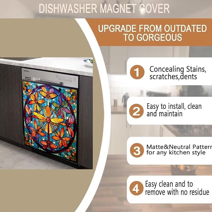 Colorful Dragonflies Dishwasher Cover Dishwasher Panel Decal, Stained Glass Window Fridge Skins Cover, Vinyl Home Appliance Decal 23" x 26" Ordinary