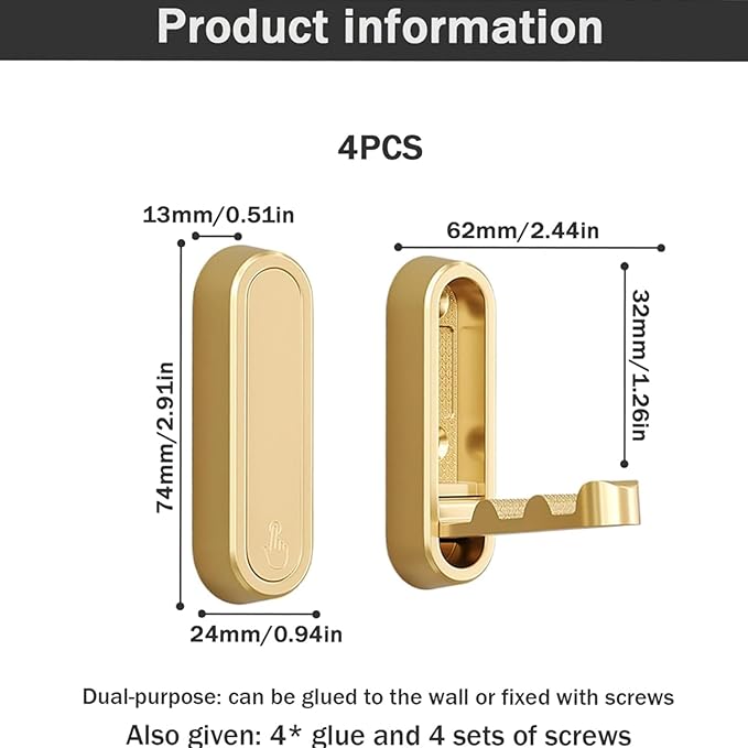 YipuVR 4PCS Gold Foldable Wall Hooks, Metal Folding Hooks Wall Mount, Easy Installation, Suitable for Bathroom Kitchen, Flip Down Hook for Wal l Hanging Coat, Bag, Towel, Key, Hat (Gold)