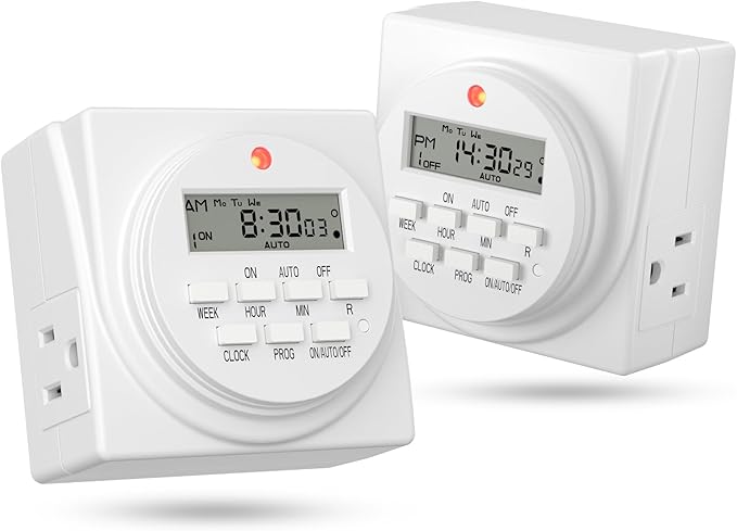 BN-LINK Indoor Digital Timer Outlet, Dual Outlet 7 Day Programmable Light Switch, 3 Prong Plug in Timers for Electrical Outlets, Lamps, Fans, 8 On/Off Programs, 2 Pack, 15A/1875W, ETL Listed