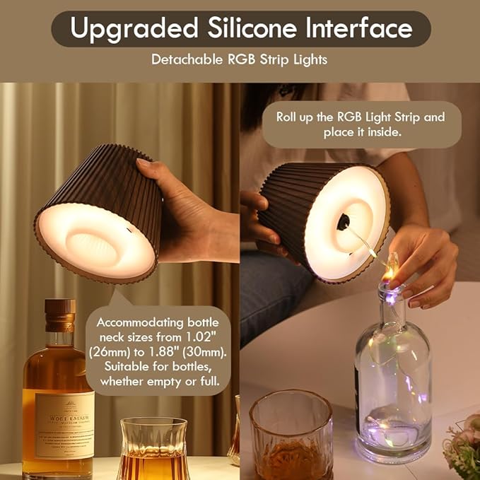 WILIT Wireless Bottle Lamp for Bar Decor, 3-Level Brightness Lampshades for Table Lamps, RGB Bottle Light for Bedroom, Table Decor for Living Room, Cute Night Light for Women Gifts