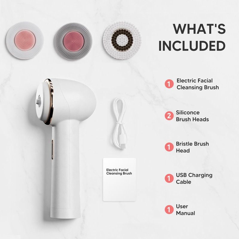 Electric Facial Cleansing Brush, Rechargeable Waterproof Dual Rotating Face Scrubber with 3 Interchangeable Heads, Soft Silicone Face Brush, White