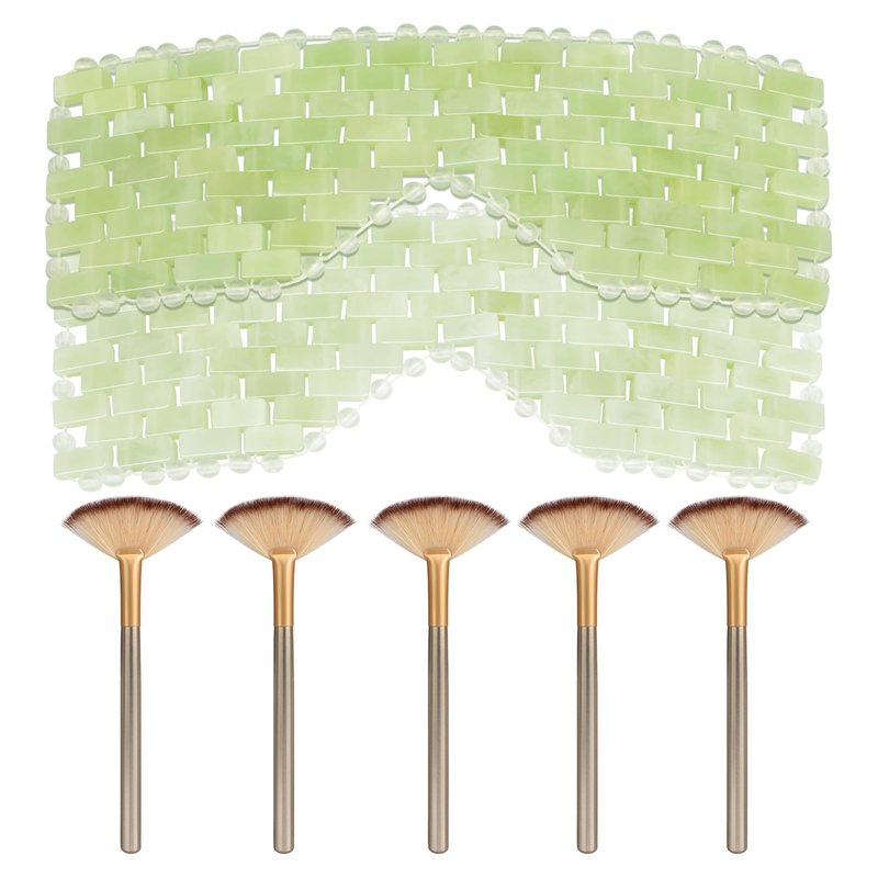 LazyGa 2Pcs Jade Eye Mask & 5 Pieces Facial Fan Mask Brush, Jade Facial Cooling Mask and Brushes Tools Kit for Mud Cream Home Spa/Travel - Relieve Puffiness, Anti-Aging Beauty Supplies