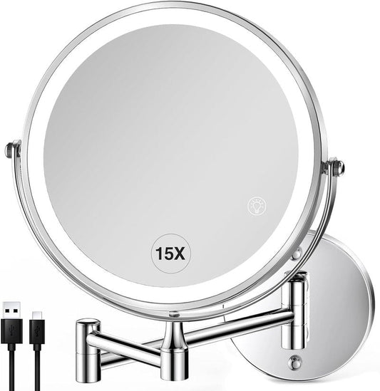 Wall Mounted Lighted Makeup Mirror - 8.5 Inch Double-Sided with 1X/15X Magnification | Chrome Finish for Vanity and Bathroom