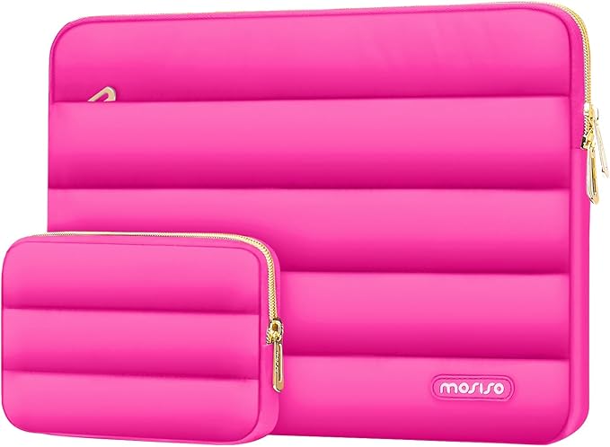 MOSISO Laptop Case 13.3 inch,13-13.3 inch Puffy Laptop Sleeve Compatible with MacBook Neo/Air 13.6 M5 M4 M3 M2 M1/Pro 13/14,HP Dell ASUS Lenovo,Polyester Horizontal Bag with Small Case, Rose Red