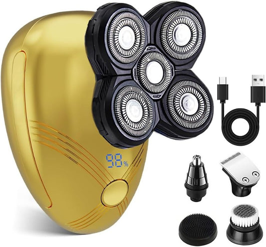 5-in-1 Electric Cordless Razor for Men | Bald Head Shaver Grooming Kit with Nose Trimmer & LED Display - Gold