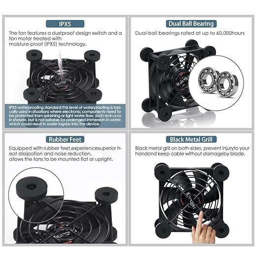 Xiaoqijia Dual 80mm Cooling Fan - 10-Speed USB 5V/DC 12V Power, IPX5 Waterproof for Tablet, TV, Router, Xbox, DVR, Computer Cabinet, Greenhouse & Kennel Component Cooling