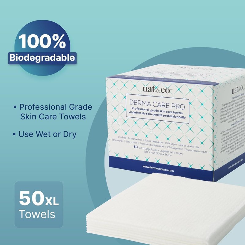 Derma Care Pro Face Towels - 100% USDA Biobased Material, Extra Large Makeup Remover Cloths | 50 Count for Sensitive Skin