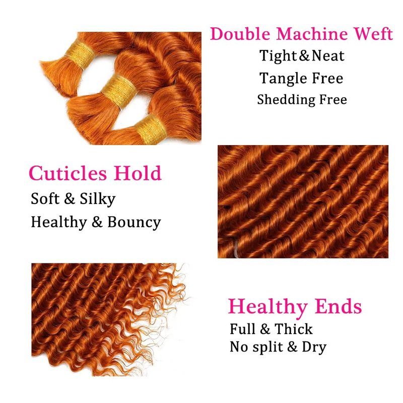 Deep Curly Human Braiding Hair - Orange 350 Ginger Boho Extensions | 16 Inch Bulk