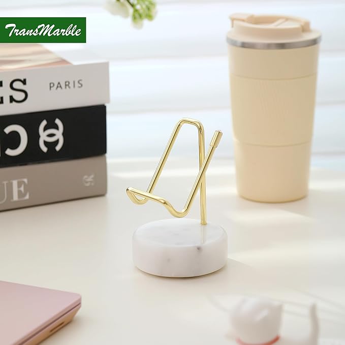 TransMarble Marble Phone Stand with Metal Holder, Charging Available While Using, Swipe Up to Unlock, Made of Natural Marble as Business Card Holder for Office Desk (Starry White + Gold)