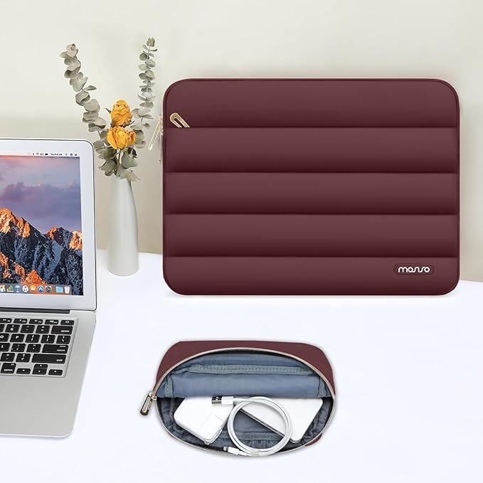 MOSISO Laptop Case 13.3 inch,13-13.3 inch Puffy Laptop Sleeve Compatible with MacBook Neo/Air 13.6 M5 M4 M3 M2 M1/Pro 13/14,HP Dell ASUS Lenovo,Polyester Horizontal Bag with Small Case, Wine Red
