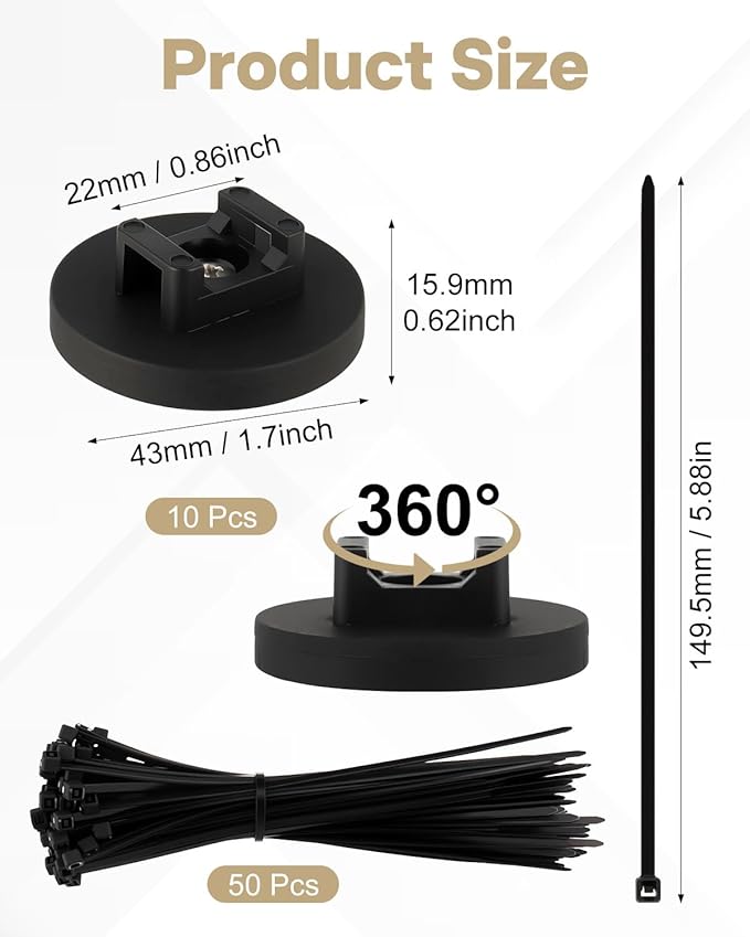Alffun Magnetic Zip Tie Mount Wire Cable Holder, Include 10 Pcs 43mm Magnetic Cable Zip Tie Base with 50 Pcs Heavy Duty Zip, Multipurpose Wire Clips Management Base, Black