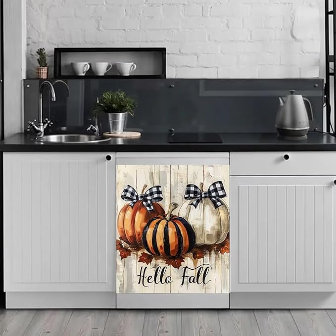 Generic Pumpkin and Maple Leaves on Rustic Wood Boards Dishwasher Face Cover Magnetic,Magnetic Dishwasher Decorative Hello Fall Stickers,Magnetic Dishwasher Sticker,Fridge Door Cover,23Wx26H