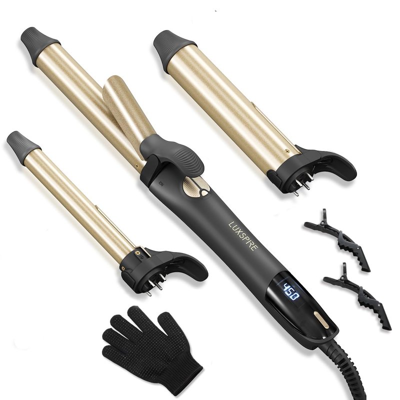 Rotating Curling Iron, 3 in 1 Automatic Curling Iron Set with Interchangeable Barrel 3/4, 1, 1 1/4 Inch, Instant Heat Dual Voltage Curling Wand for Lasting Beach Waves, Gold