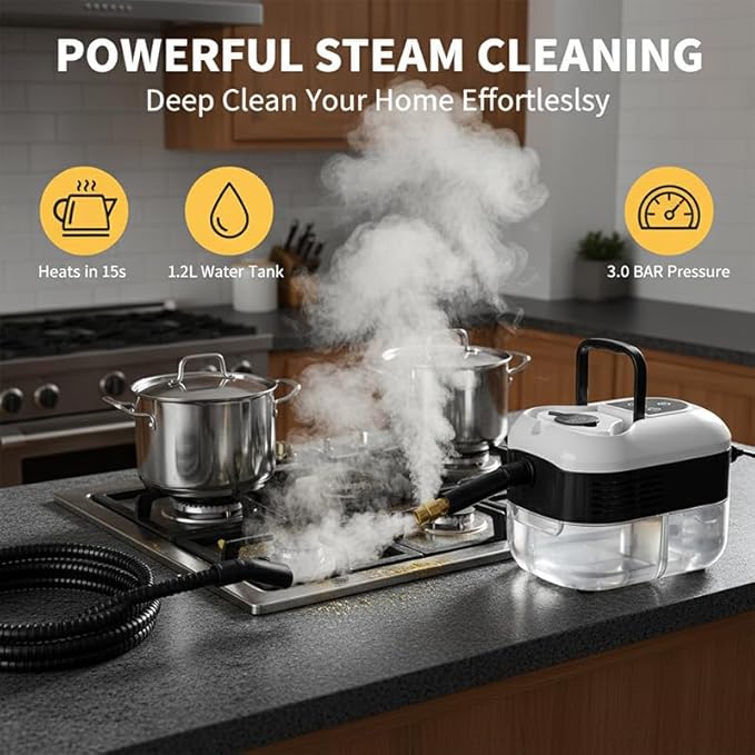 Handheld Steam Cleaner: 2500W High Temperature Pressurized Steamer with 6 Adjustable Levels - Portable Multi-Surface Steam Cleaning Machine for Kitchen, Bathroom, Furniture, Car, Windows (White)