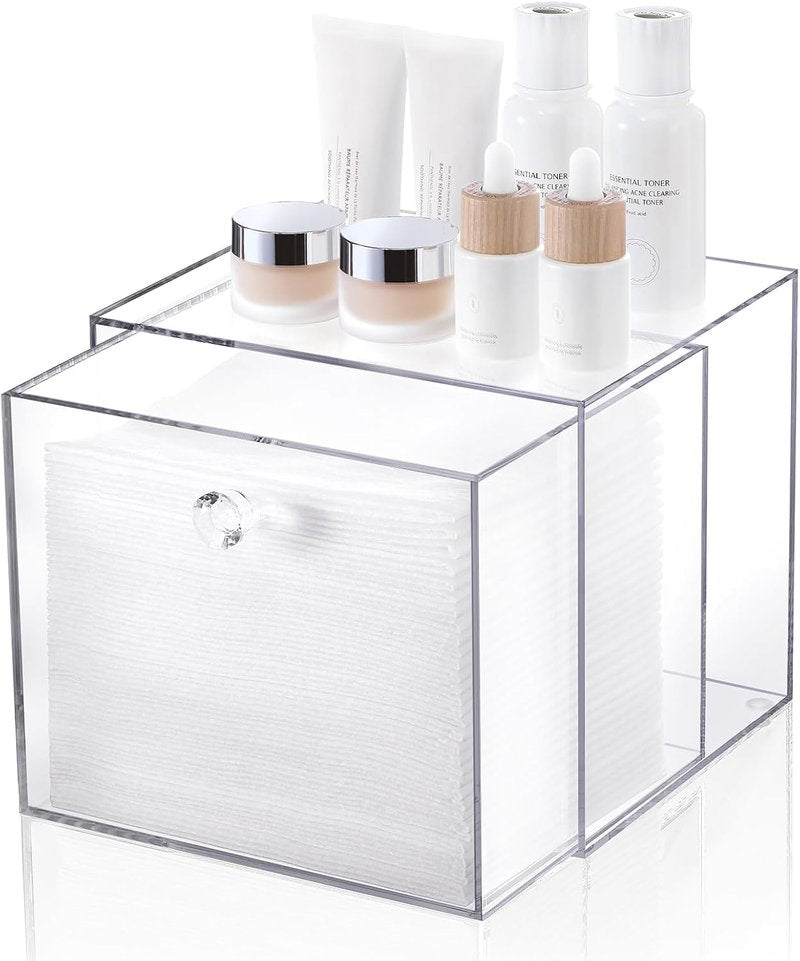 Disposable Face Towel Container Box - Acrylic Makeup Organizer with Drawer | Stackable Vanity & Bathroom Storage