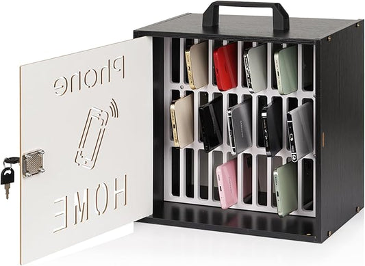 Lzttyee Cell Phone Holder Classroom 33 Slots Wooden Cell Phone Storage Cabinet Pocket Chart with Handle and Security Lock for Classroom Office (33 Grid Cabinet Black)