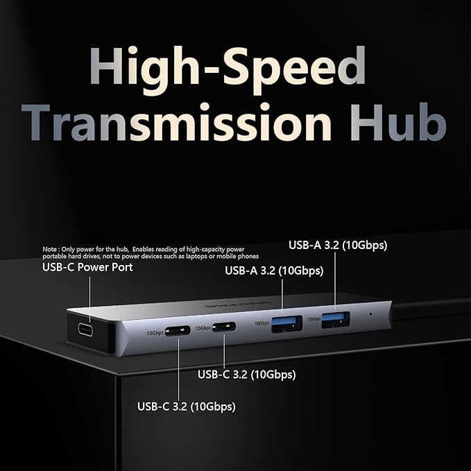DIKEQINN 5-Port USB C Hub 10Gbps, USB 3.2 Gen2 Adapter with 2 USB-C & 2 USB-A Data Ports, Dedicated USB-C Power Port for SSD Stability (Note: NOT for Laptop Charging), Aluminum for iPhone 17/16/15