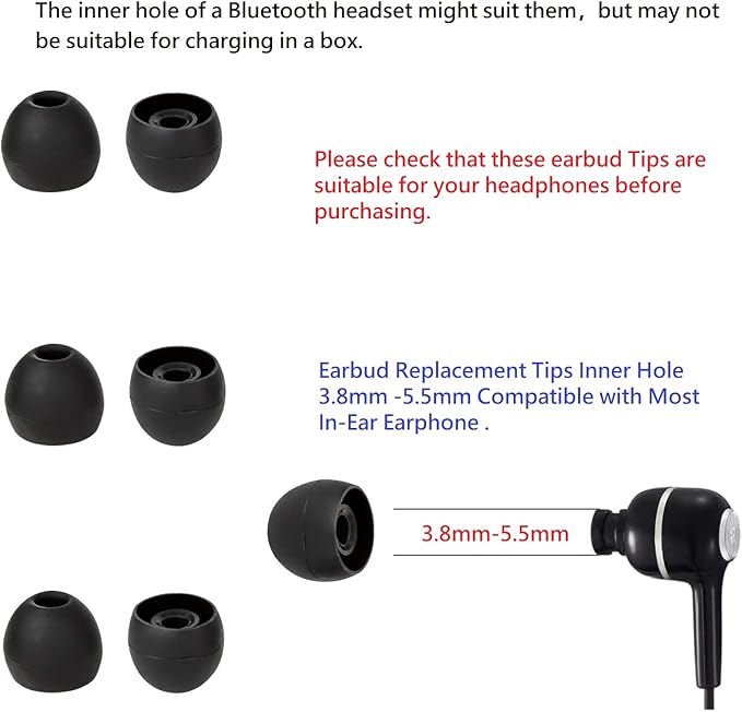 CYADCI 36 Pieces Medium Earbud Tips Soft and Comfortable Ear Bud Replacement Pieces Silicone Fit Most in-Ear Headphones，Inner Hole 3.8mm -5.5mm，Medium Black Earbud Replacement Tips